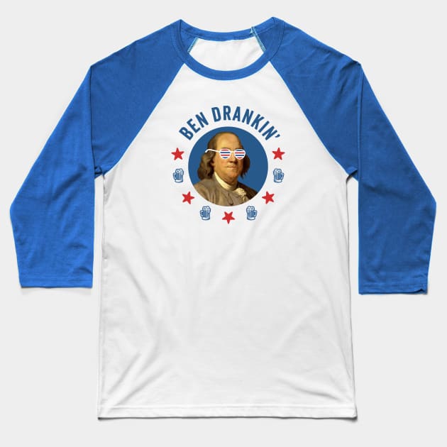 Ben Drankin': Retro Ben Franklin with Patriotic 4th of July Sunglasses Baseball T-Shirt by TwistedCharm